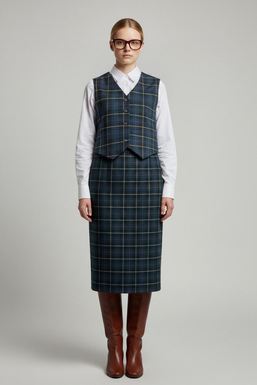 Vintage Southern Lady 2pc Plaid Vest & Midi Skirt Set Dark Green Preppy Size 10